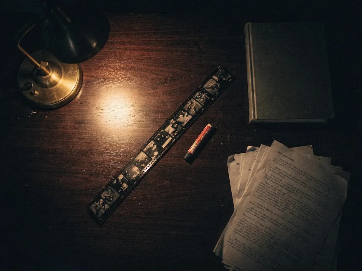 An editor's desk with a strip of film, a red grease pencil, a brass lamp and typed pages