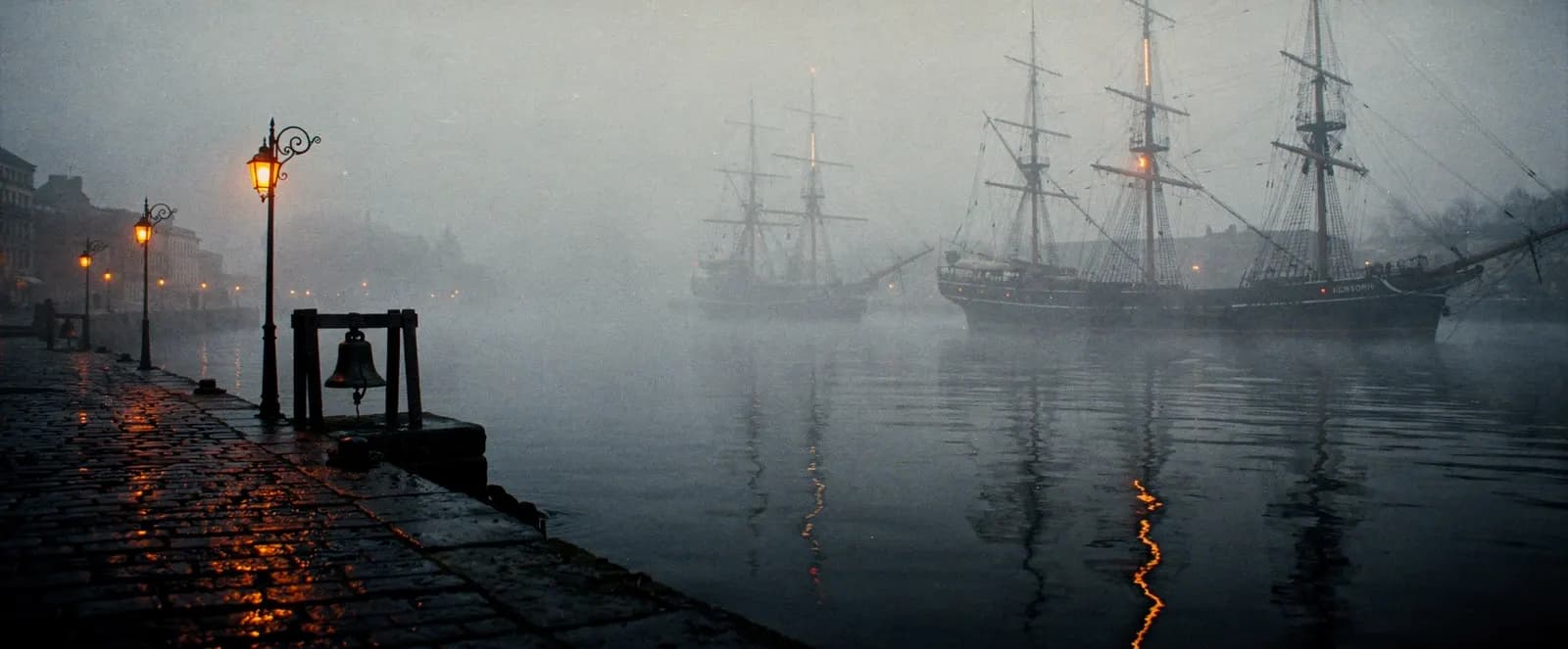 A fogbound harbor at dawn with dark ship masts and amber lanterns on a wet quay