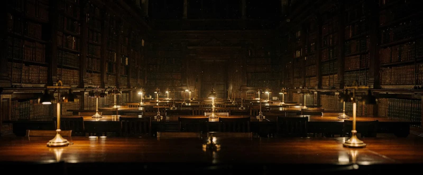 A dark library at night with rows of glowing brass lamps between tall bookshelves