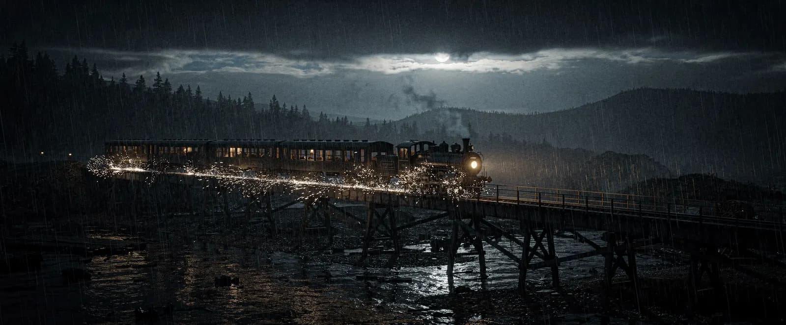 A steam train crossing a dark valley in a storm with a trail of silver sparks